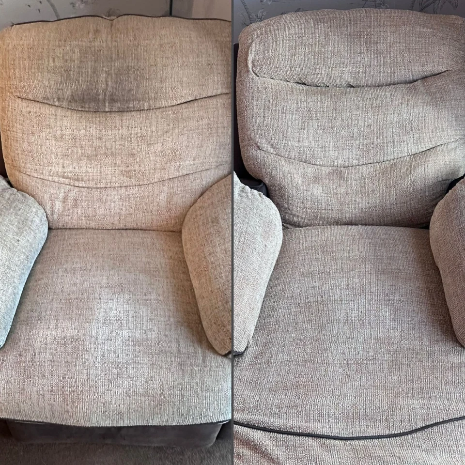 Beige armchair before and after comparison – upholstery cleaning in Haverhill by Dons Cleaning Services (photo 1)