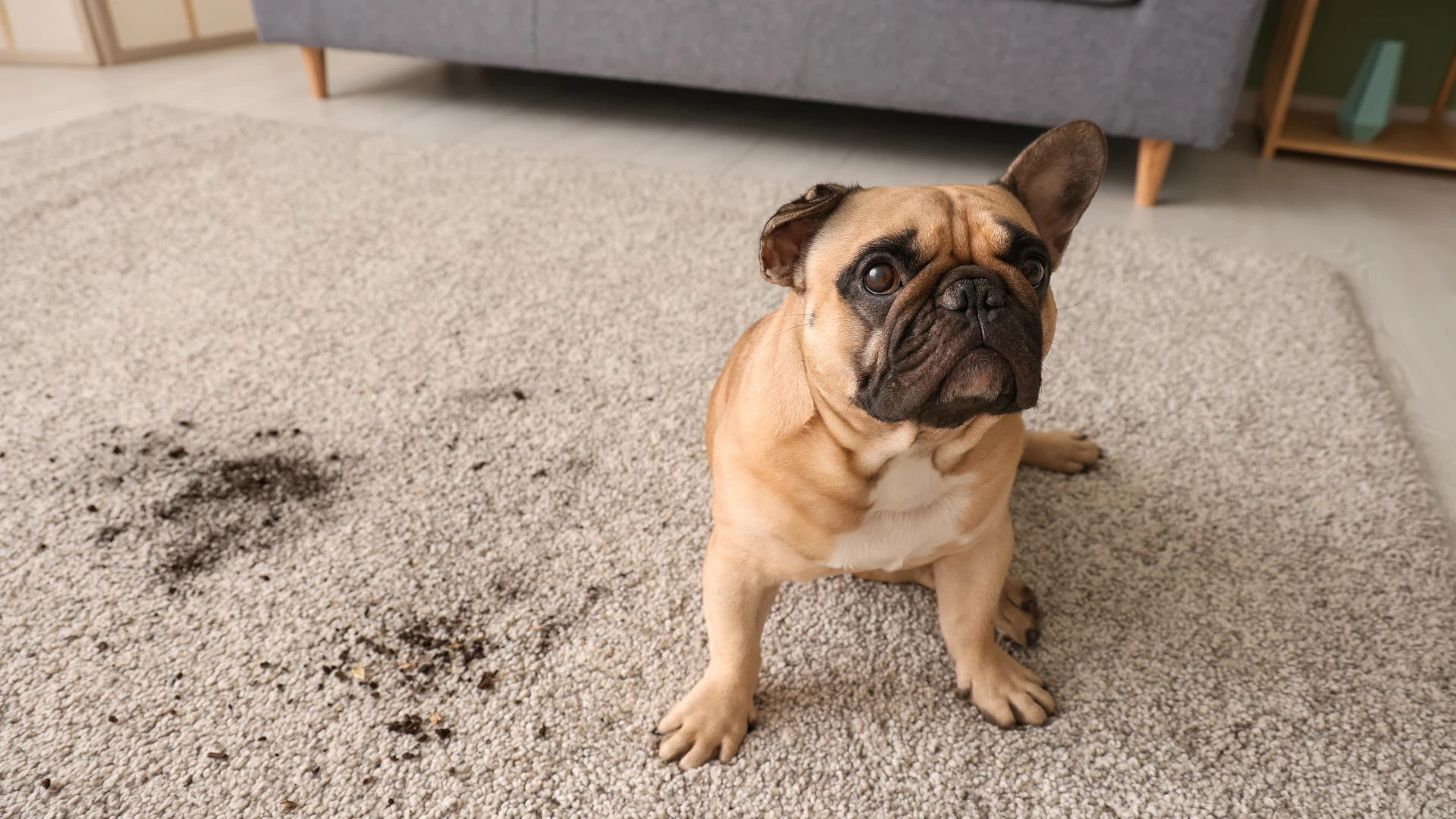 Dog beside a stained carpet, illustrating pet stain and odour treatment